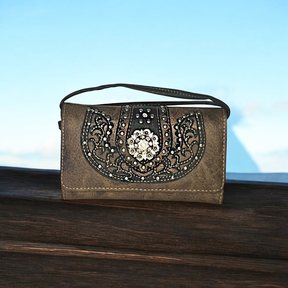Western Cowgirl Crossbody Wallet Wristlet Studded Bling Country Women Purse